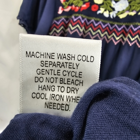 ModCloth Dress Womens Large Blue Shift Peasant Embroidered Floral Peace Mod - Picture 10 of 12